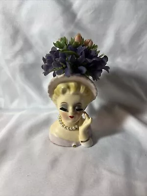 Vintage Inarco E1278 Girl Lady Head Vase Pastel Shirt And Hat Pearls & Flowers • $35
