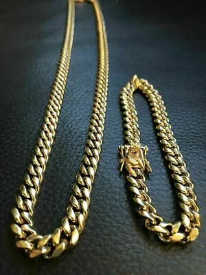 8mm Mens Cuban Miami Link Bracelet & Chain Set 14k Gold Plated Stainless Steel • $54.17