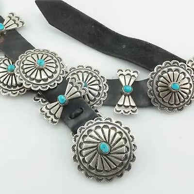 Vintage Native American Sterling Silver Leather Bow Turquoise Belt • $1145