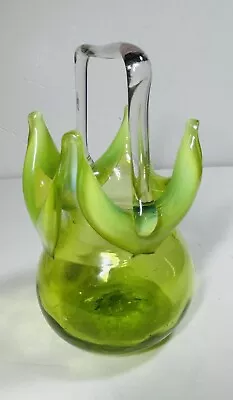 Vintage Retro Hand Blown Green Glass Basket Tulip Flower Italian Murano Style • £12