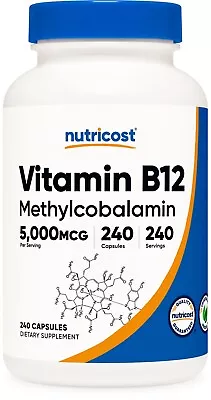 Nutricost Vitamin B12 (Methylcobalamin) 5000mcg 240 Capsules - Non-GMO • $26.98