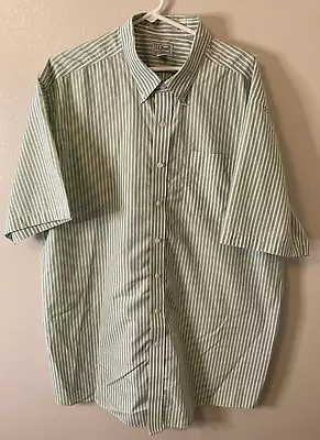 LL Bean Shirt Mens XXLT Green White Stripe Wrinkle Resistant Button Short Sleeve • $17.99