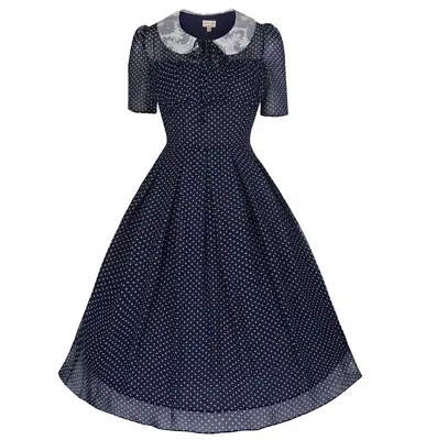 £19.99 • Buy Lindy Bop Navy Blue Polka Dot Chiffon Vintage 1940s Retro Tea Day Dress Size 16