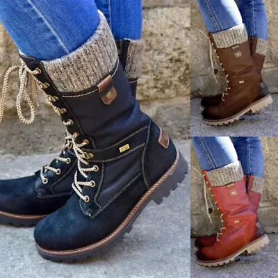 Womens Boots Mid Calf Ladies Shoes Army Combat Military Biker Low Flat Shoe Size • £24.88