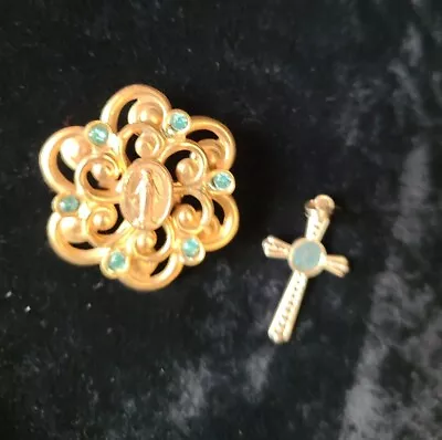 Lot Vintage Religious Rhinestone Pin Filigree Miraculous Mary & Tiny Cross • $14.99