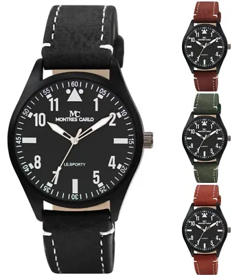 45mm Montres Carlo Men's Fashion Sport Leather Band Military Quartz Dress Watch • $18.90