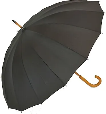 SOAKE Gents Auto Opening Walking Stick Umbrella W/Wood Hooked Handle Black • £19.99