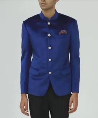 Jodhpuri Men’s Blazer Jacket Indian Bandhgala Mandarin Collar Blue Velvet • $124.99