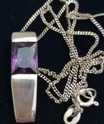 Italian Sterling Silver & Amethyst Modernist Pendant  Necklace • $15.16