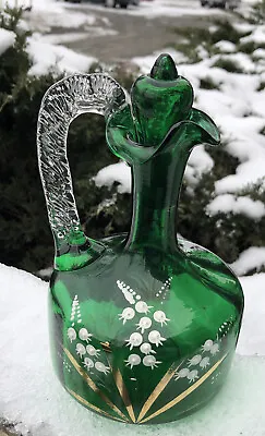 $49.99 • Buy Antique Victorian Green Blown Glass Mary Gregory Lily Of The Valley Decanter