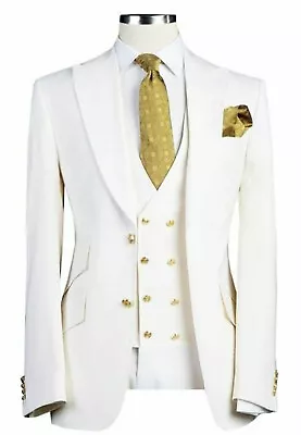 Men White Designer Gold Button Wedding Grooms Dinner Suit (Coat+Vest+Pants) • $175.49