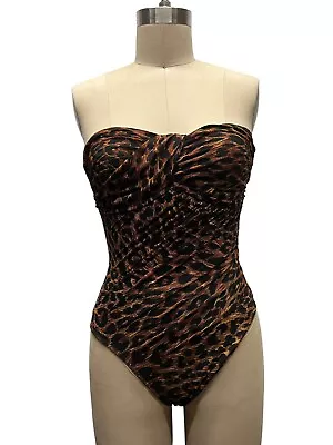 VTG Sz 8 Underwire Strapless Leopard Print One Piece Swimsuit Mesh Draped Front • $39.99