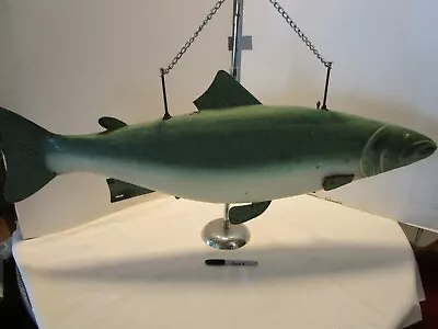 VINTAGE FOLK ART METAL SIGN SALMON FISH SCULPTURE Hand-painted 44”W  Lodge Farm • $1200