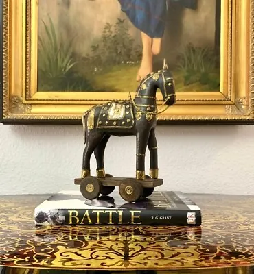 Horse On Wheels Wood And Brass Beautiful Vintage Statuette Decor • $145