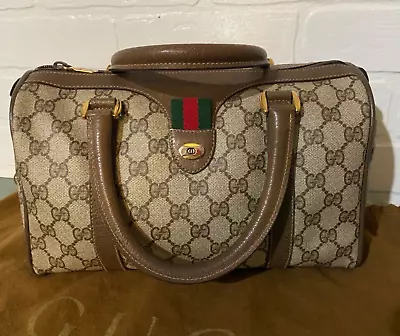 Vintage Authentic GUCCI Boston Handbag Ophidia Web Stripe Brown GG Leather • $424.96