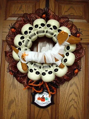 Dachshund Red Brown Felt Sculpture Mummy & Skull 18  Deco Mesh Halloween Wreath • $47