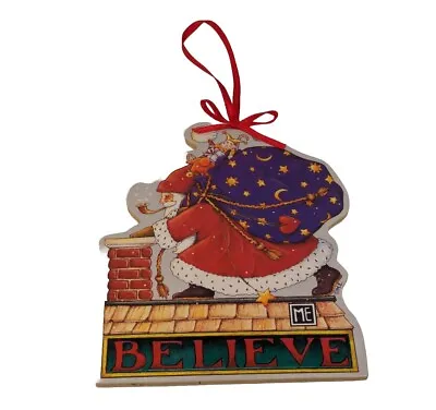 Mary Engelbreit Ornament BELIEVE Santa Wood 5.25   Midwest Of Cannon Falls Vtg • $9.89