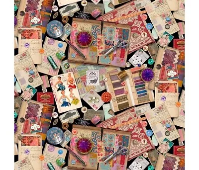 Bolt End Michael Miller Sewing Collage Vintage Notions 100% Cotton Fabric • £7.35