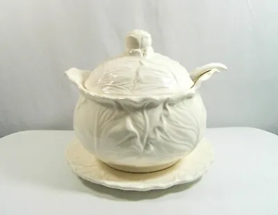 Vintage Made In Japan White Cabbage Leaf Soup Tureen W/ Ladle Lid & Under Plate • $45.50