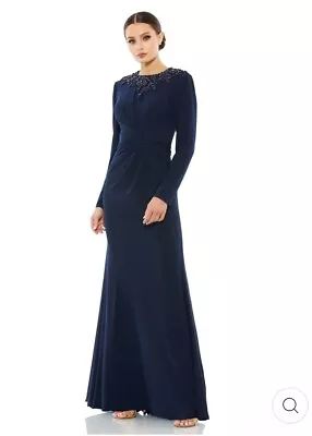 Mac Duggal 55713 Beaded High Neck Twist Long Sleeve Trumpet Midnight Gown Size 8 • $200