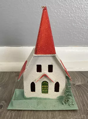 $9.99 • Buy Vintage Putz Style CHRISTMAS CHURCH WITH STEEPLE CARDBOARD MICA GLITTER