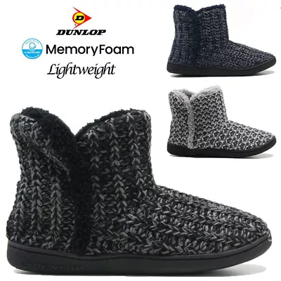 Mens Dunlop Memory Foam Slippers Boots Ankle Fleece Fur Warm Lined Knitted Shoes • £14.95