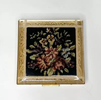 Rex 5th Avenue Enamel Needlepoint Floral Decor Powder Compact W/ Puff Vintage • $25