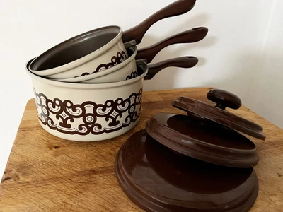 £40 • Buy VTG Saucepan Set MCM Style MEYER Hong Kong W/ Lids Brown Cream Pan Pattern