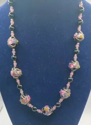 Vintage Murano? Painted Glass Bead Necklace Black With Bronze Colour Pink Roses  • £20