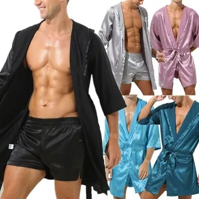 $14.39 • Buy Men's Silk Satin Long Sleeve Kimono Robe With Shorts 2 Piece  Sleepwear Pajamas
