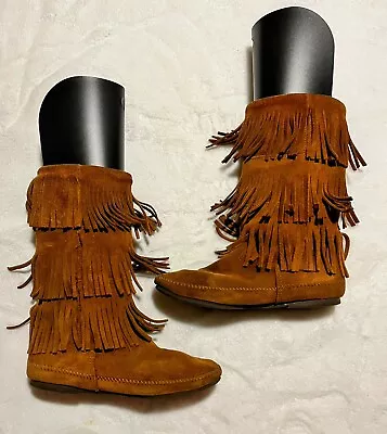 Brown Suede Leather MINNETONKA 3 Layer Fringe Boot 10 • $29.99
