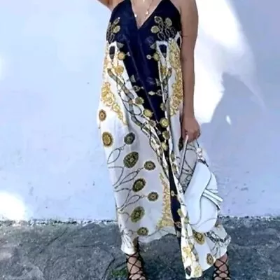 Zara Ecru White Black Gold Chain Print Halter Neck Satin Midi Dress Size Medium  • £14
