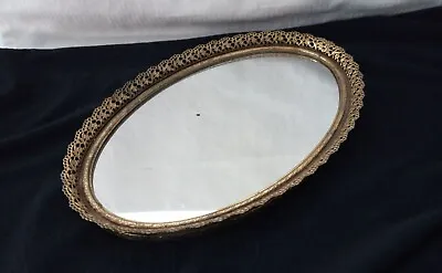Vanity Dresser Oval Mirror Tray Filigree Gold Metal Frame Vintage  • $7.99