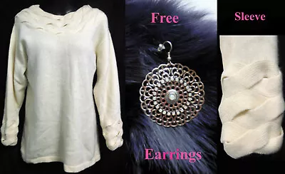 Angora Jigsaw Cream Braided Neck & Hem Long Sleeve Sweater Size 12 • $45