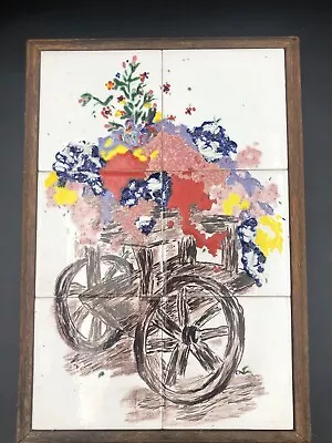 Hand Painted Six Tile 3D Art Flower Cart Wall Hanging In Wood Frame 14”x 10” -M • $32.90