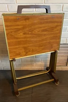 Vintage ~ Mid Century Modern Set Of (4) Faux Wood TV Tray Tables W Rolling Stand • $175