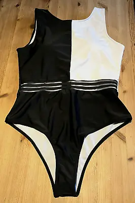 Shien One Piece Swimsuit / Two Tone Contrast Mesh Zip Back & White XL 16 NEW • £7