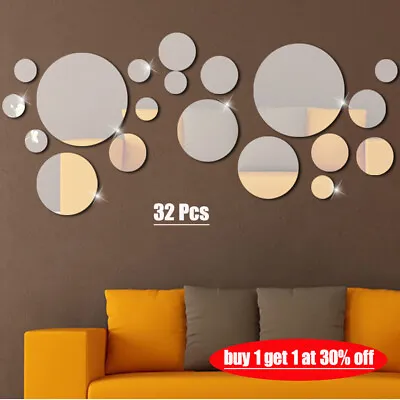 £4.11 • Buy 32Pcs Tiles Wall Stickers Circle Mirror Decals Self-Adhesive Bedroom Home Decors