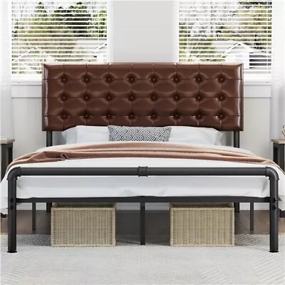 Metal Bed Frame With Tufted Faux Leather Adjustable Upholstered Headboard • $99.99