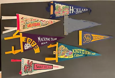 6 Souvenir Smaller Pennants With Ties U.S & Canada Vegas Milwaukee Mackinac • $9.50