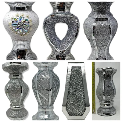 £21.99 • Buy Crushed Diamond Silver Mirror Vase With Floral Design Sparkle Bling Ornament