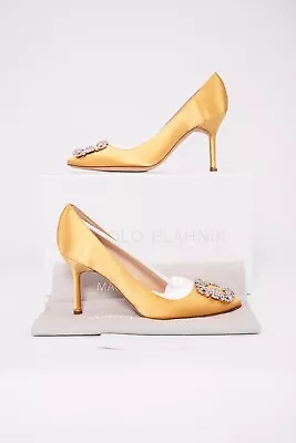 NEW MANOLO BLAHNIK Hangisi Court Shoe Heels. Satin Yellow. UK 4/37. Jewel Buckle • £475