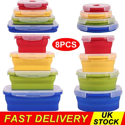 Set Of 8 Collapsible Silicone Food Storage Container Bento Lunch Boxes Foldable • £20.89