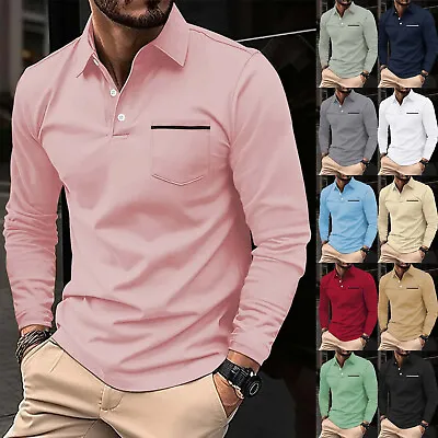 Men's Casual Long Sleeve Stand Collar Polo Shirt Slim Fit Business With Pockets • $24.13