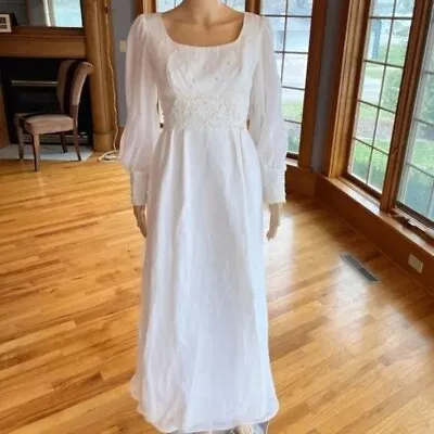 Vintage Long Sleeve Ivory Chiffon Empire Waist Wedding Gown Bridal Dress Size 6 • $49.99