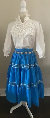 Vintage 2pc. Rockabilly Square Dance Skirt Blue Puff Sleeve Full Circle Cowboy S • $24