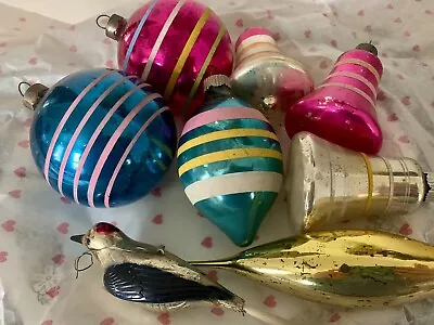 Vintage Christmas Ornament Lot Shiny Brite Made In USA Stripes Bird Bells • $19.99