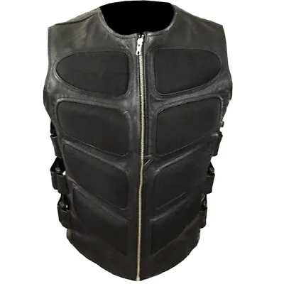 Mens Stylish Swat Style Armor Vest Black Real Leather Bikers Waistcoat Vest • £64.99