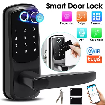 Electronic Smart Door Lock WiFi APP Fingerprint Card Password Key Handle Home • £73.99