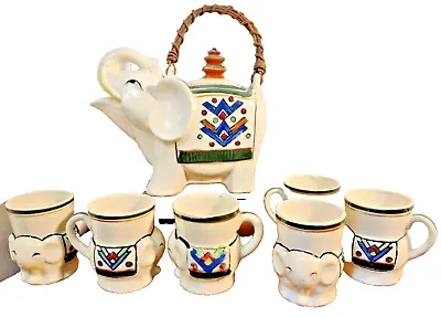 Vintage Elephant Teapot With Pagoda Top Rattan Handle Colorful 2/6 Tea Mugs FUN • $30